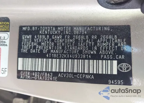 2004 Toyota Camry Le из США, поврежденный, VIN 4T1BE32KX4U933814